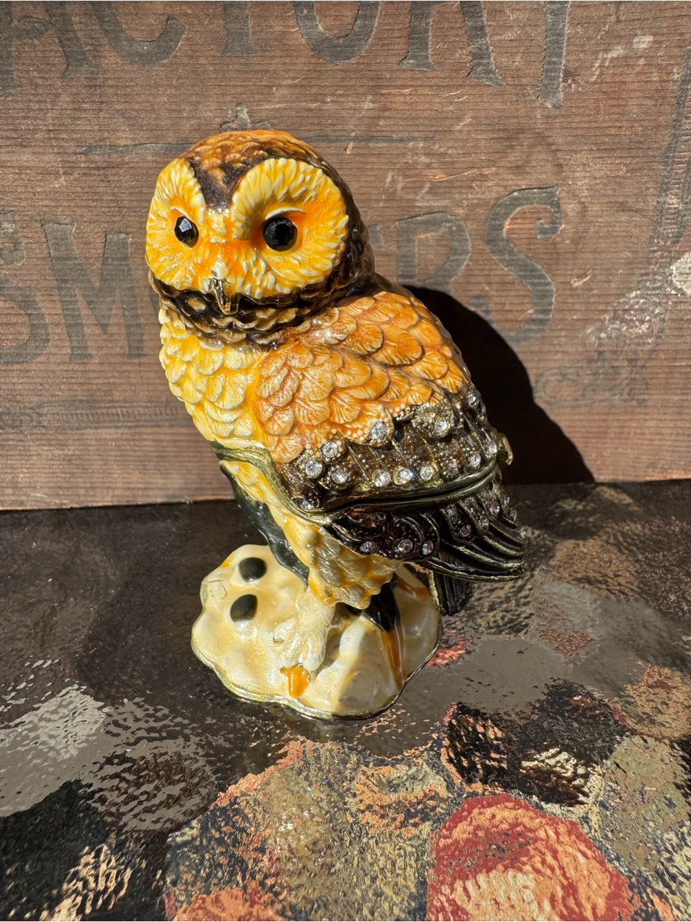 Rhinestone Enameled Barn Owl Trinket Box On Branch Magnetic Jewelry Keepsake